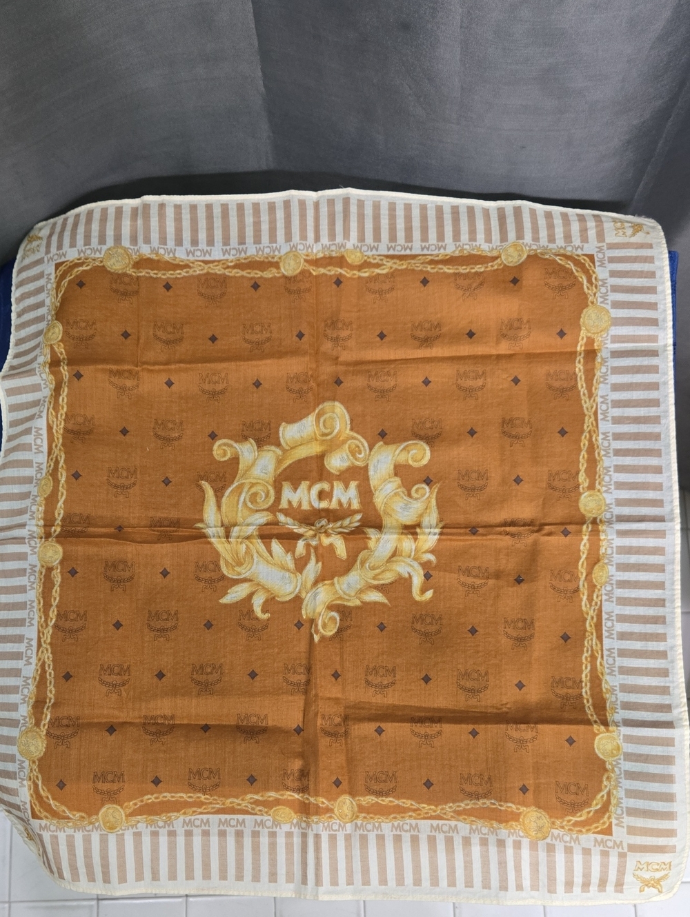 MCM Vintage Gold and Cream Logo Handkerchief Scarf